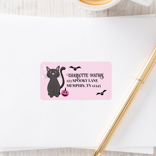 Black Cat Halloween Pink Pumpkin Bats Girly Label