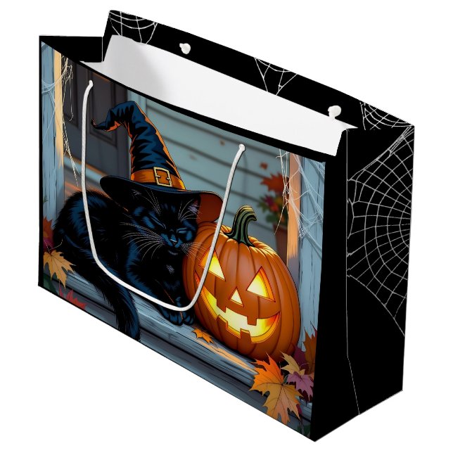 Black Cat Halloween Pumpkin Carving Party Large Gift Bag (Front Angled)