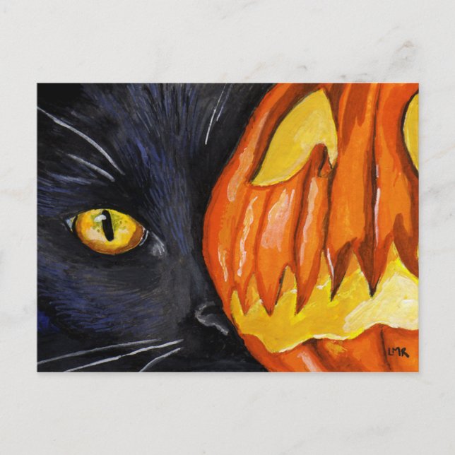 Black Cat & Halloween Pumpkin Painting Postcard (Front)