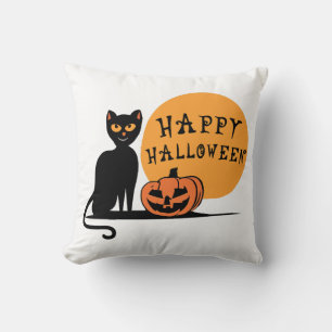 Black Cat Halloween Pumpkin Throw Pillow