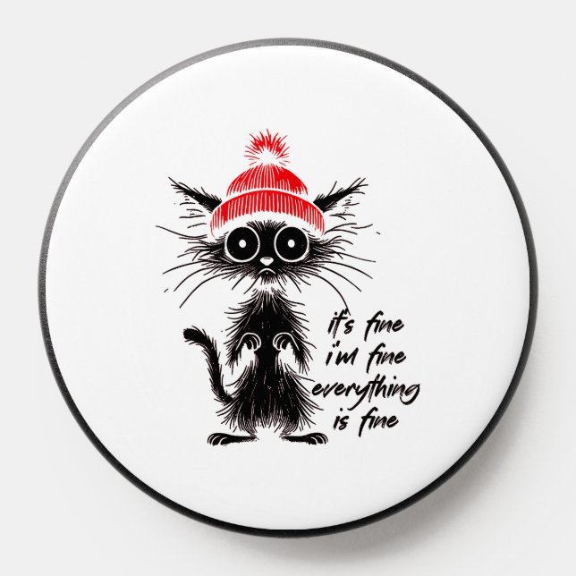 Black Cat Halloween red beanie It's Fine I'm Fine  PopSocket (Popsocket)