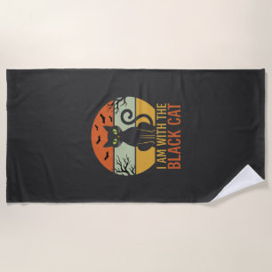 Black Cat Halloween Retro Sunset Design Beach Towel