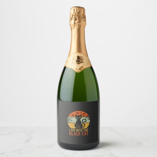 Black Cat Halloween Retro Sunset Design Sparkling Wine Label