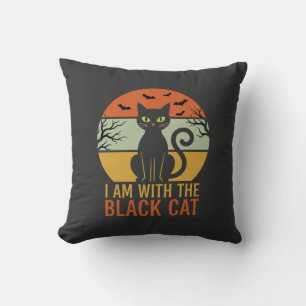 Black Cat Halloween Retro Sunset Design Throw Pillow