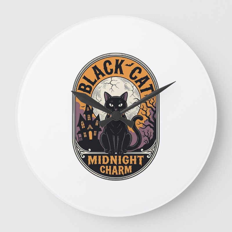 Black Cat Halloween Shirt Vintage Midnight Charm D Large Clock