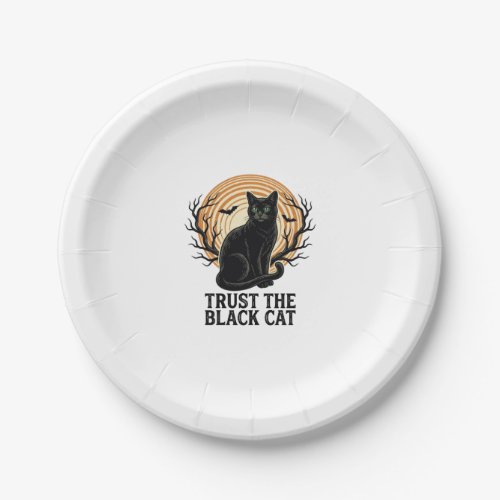 Black Cat Halloween Shirt Vintage Spooky Moon Cat  Paper Plates