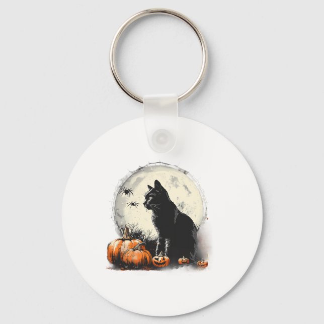 Black Cat Halloween Spooky Moon Artwork Pumpkin Sp Keychain (Front)