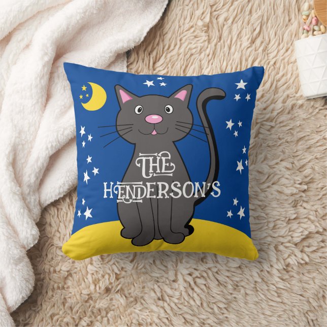 Black Cat Halloween Stars Moon Cute Kids  Throw Pillow (Blanket)