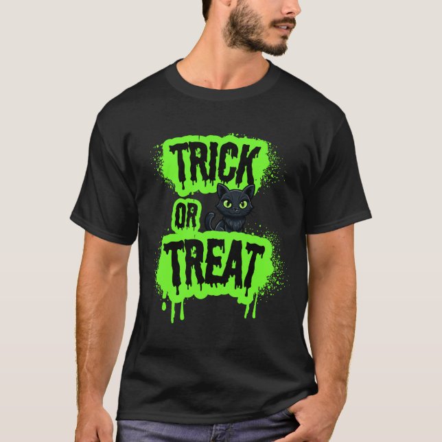 Black Cat Halloween _ Trick or Treat Neon spooky T-Shirt (Front)
