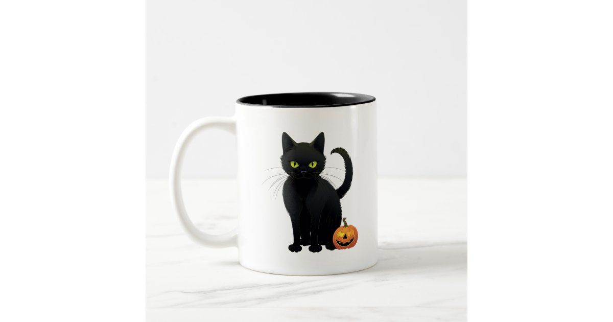 Handmade ceramic mug with witch cat design and a super cute magic