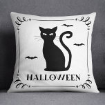 Black Cat Halloween Typography Throw Pillow<br><div class="desc">Celebrate Halloween in style with this simply spooky throw pillow featuring a scary black cat with decorative black "Halloween" lettering,  fly bat accents,  along with a scroll and star border on a white background.</div>