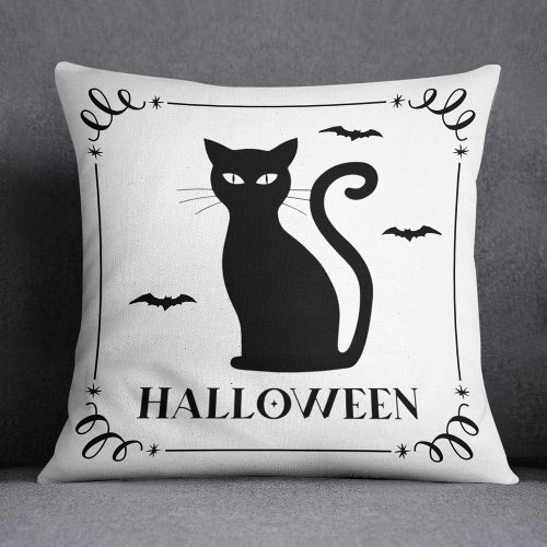 Black Cat Halloween Typography Throw Pillow