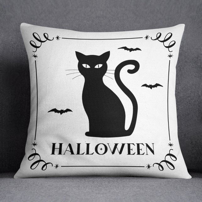 Black Cat Halloween Typography Throw Pillow (Creator Uploaded)