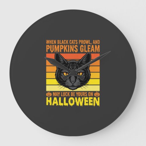Black Cat Halloween Vintage Pumpkin Graphic Large Clock