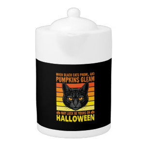 Black Cat Halloween Vintage Pumpkin Graphic Teapot