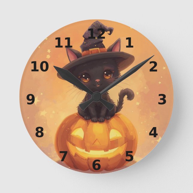 Black Cat Halloween Wall Clock (Front)