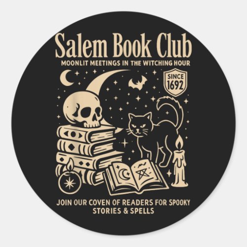 Black Cat Halloween Witch Book Club Design Classic Round Sticker