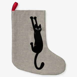 Black Cat Hanging On   Faux Linen Style Funny Small Christmas Stocking
