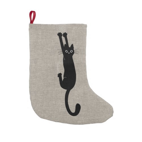 Black Cat Hanging On  Faux Linen Style Funny Small Christmas Stocking