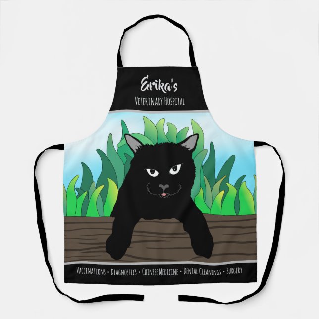 Black cat hanging on fence, Business theme, Medium Apron (Front)