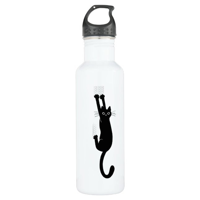 Black Cat Hanging On | Funny Animal Lover's Water Bottle (Front)