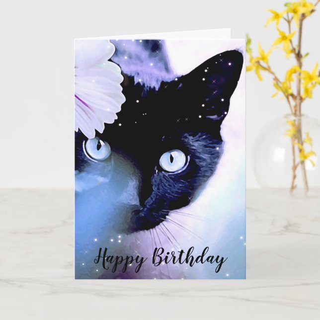 Artery8 Biglietto Di Auguri Gatto Nero E Fiori Gialli - 17,5x12,5 Cm, Interno Bianco, Con Busta