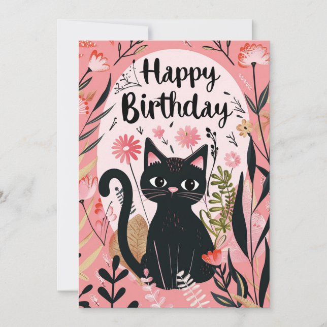 Black Cat Happy Birthday  Holiday Card (Front)