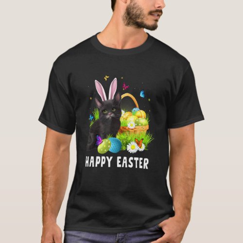 Black Cat Happy Easter Day Bunny Eggs Mens Womens  T_Shirt