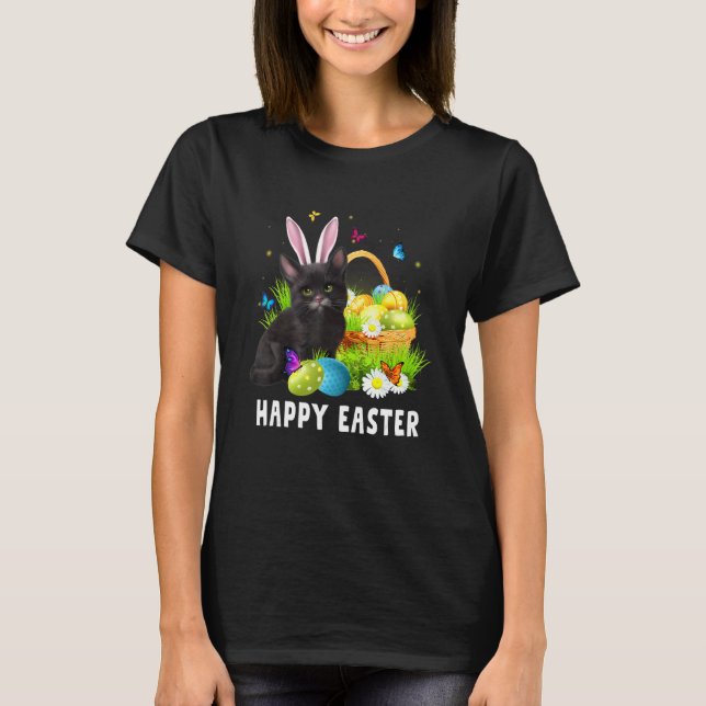 Black Cat Happy Easter Day Bunny Eggs Mens Womens  T-Shirt (Front)
