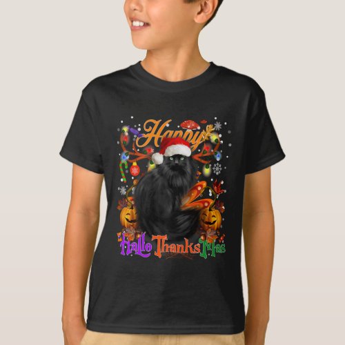 Black Cat Happy Hallothanksmas Halloween Thanksgiv T_Shirt