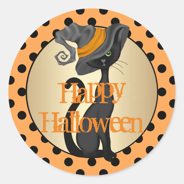 Black Cat Happy Halloween Classic Round Sticker | Zazzle