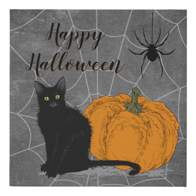 Black Cat Happy Halloween Faux Canvas Print (Front)