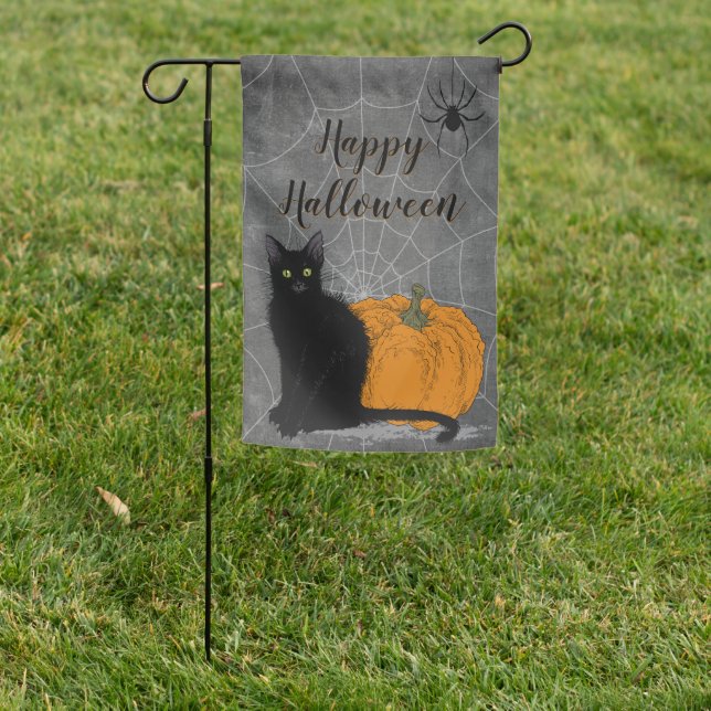 Black Cat Happy Halloween Garden Flag (In SItu)