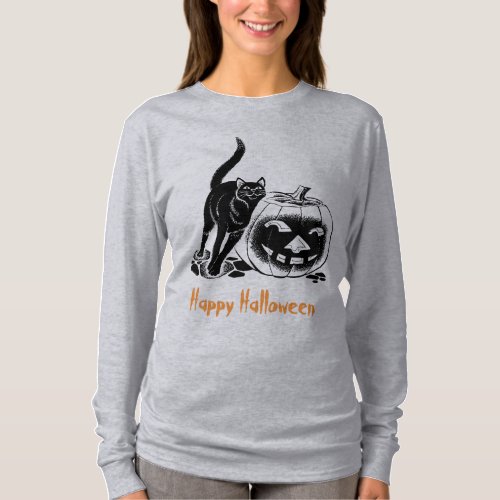Black Cat Happy Halloween Jack OLantern T_Shirt