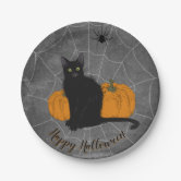 Vintage Themed Disposable Paper Plates - Set of 8 - Halloween Black Cat - 7  Inch Diameter from Primitives by Kathy - Cherryland Sales