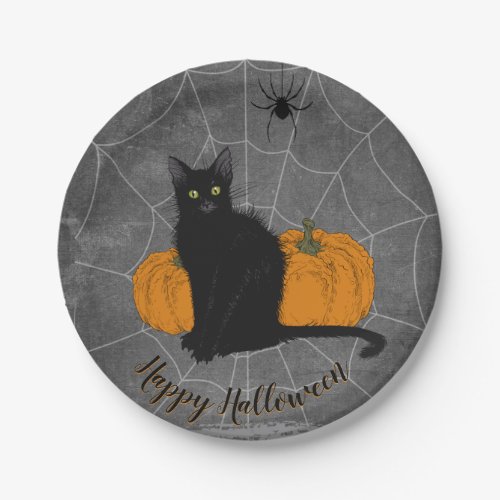 Black Cat Happy Halloween Paper Plates