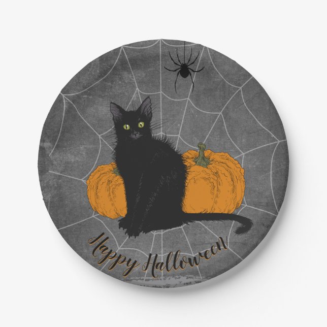 Black Cat Happy Halloween Paper Plates (Front)
