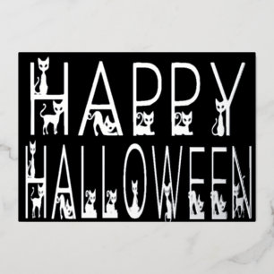 Black Cat "Happy Halloween" Typography Design Foil Invitation