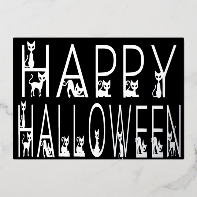 Black Cat "Happy Halloween" Typography Design Foil Invitation (Front)