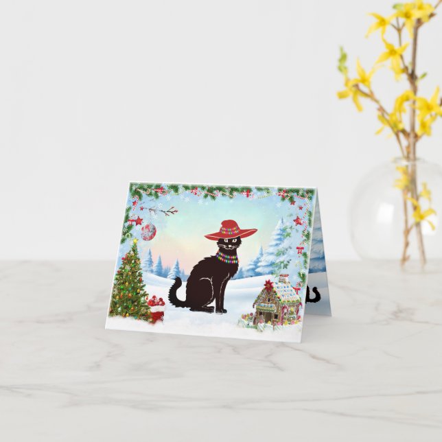 Black Cat Happy Holidays Card (Yellow Flower)