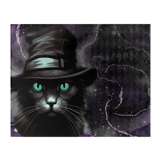 Black Cat Hat Argyle Alcohol Ink Acrylic Print (Front)
