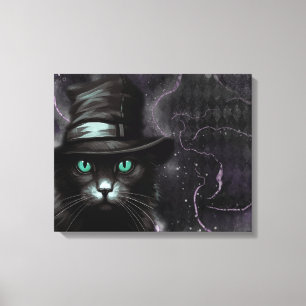 Black Cat Hat Argyle Alcohol Ink  Canvas Print