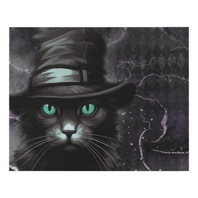 Black Cat Hat Argyle Alcohol Ink Faux Canvas Print (Front)