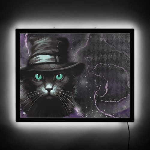 Black Cat Hat Argyle Alcohol Ink  LED Sign