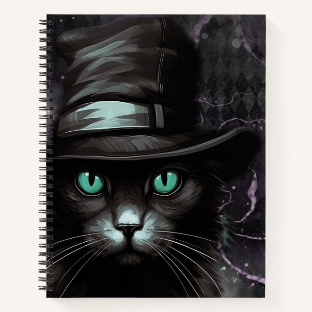Black Cat Hat Argyle Alcohol Ink Notebook (Front)