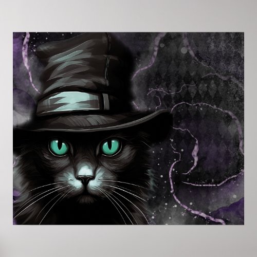 Black Cat Hat Argyle Alcohol Ink Poster