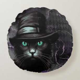 Black Cat Hat Argyle Alcohol Ink Round Pillow