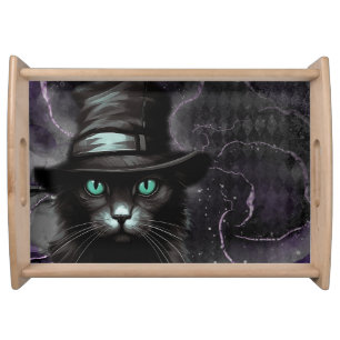 Black Cat Hat Argyle Alcohol Ink Serving Tray