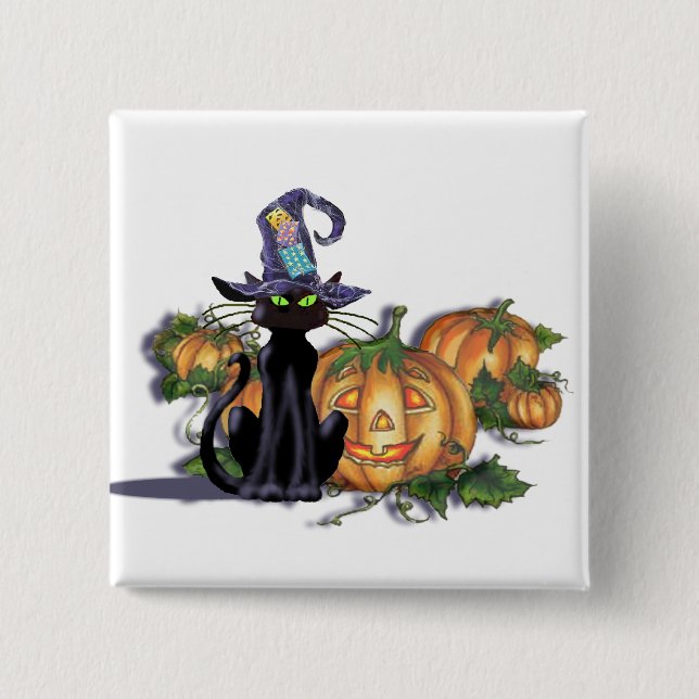 BLACK CAT, HAT & JACK by SHARON SHARPE Pinback Button (Front)
