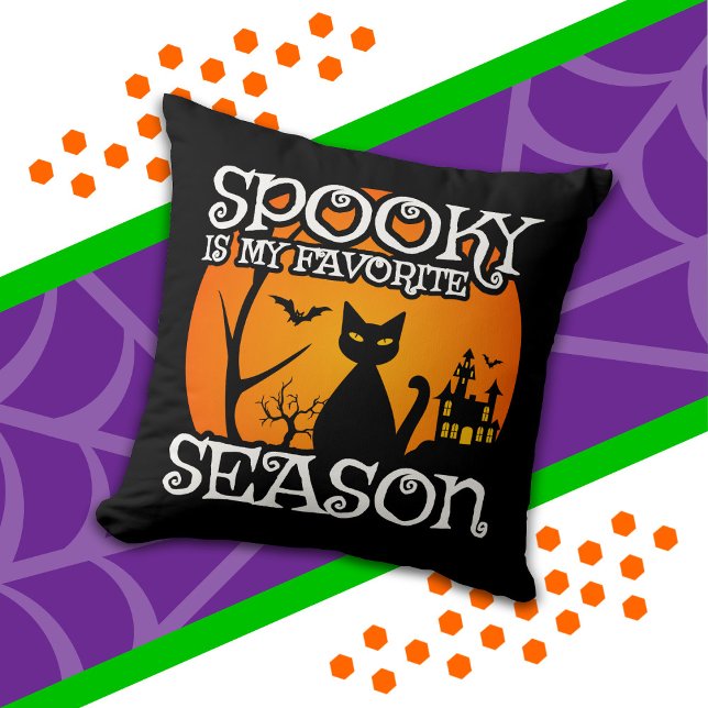 Black Cat Haunted Spooky Season Happy Halloween Throw Pillow (Creator Uploaded)